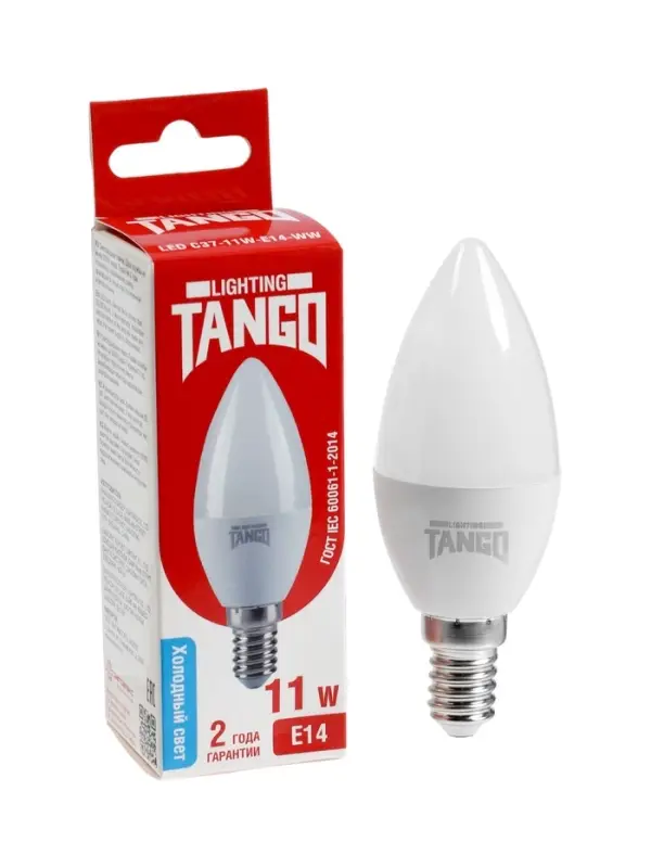 Лампа светодиодная TANGO, С37, 11 Вт, E14, 1045 Лм, 6500K, IP20, свечение холодное белое, матовое ст