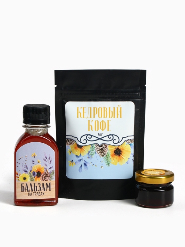 Набор &laquo;Здоровья и любви&raquo;:кедровый орех в сосновом сиропе 25 г., бальзам 100 мл., кедрокофе 50 г.