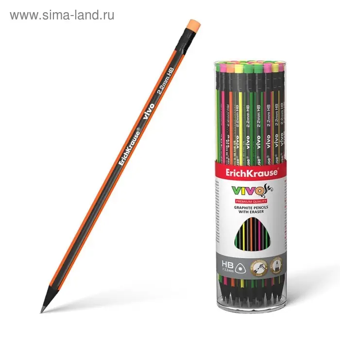 Карандаш чернографитный, ErichKrause &laquo;Vivo&raquo;, HB, d=2.2 мм, с ластиком, дерево, трехгранный в тубусе, микс