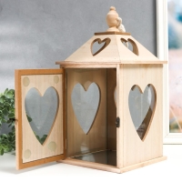 Подсвечник дерево "Фонарь домик с сердцами" набор 2 шт 28х14,5х14,5; 38х19,5х19,5 см