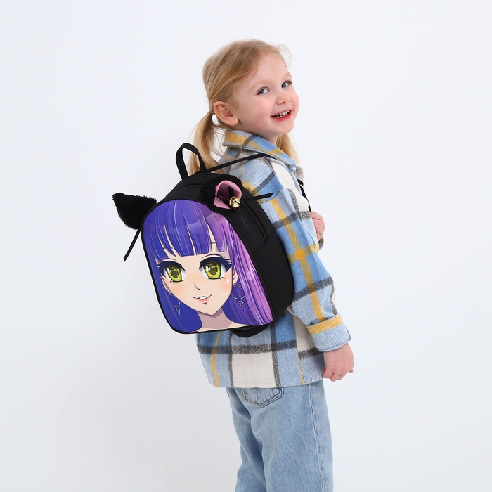 Рюкзак школьный текстильный с ушками на заколках &laquo;Аниме&raquo;, 27х23 см, чёрный/фиолетовый