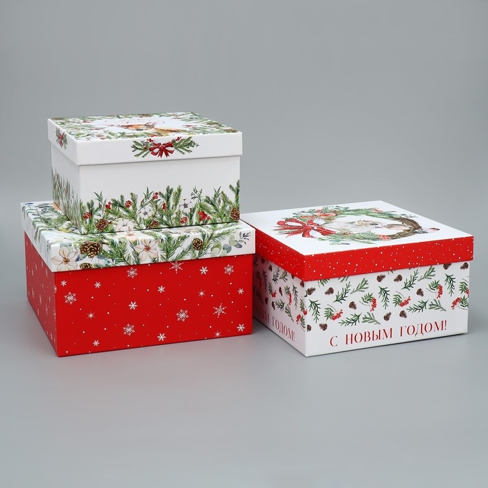 Набор подарочных коробк 3 в 1 &laquo;Новогодняя пора&raquo;, 18 х 18 х 10 &ndash; 22 х 22 х 12 см, Новый год
