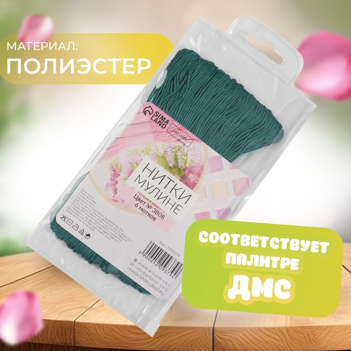 Набор ниток мулине №3808, 8 &plusmn; 1 м, 6 шт, цвет тёмно-бирюзовый