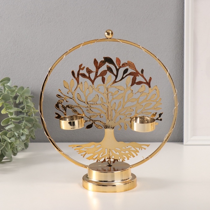 Подсвечник на 2 свечи "Дерево с птичками" с подсветкой, d-3,5 см 9,5х23,5х27 см