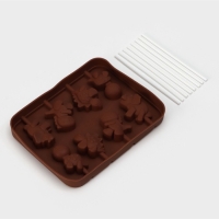 Форма для леденцов Доляна &laquo;Дино&raquo;, силикон, 14&times;11&times;1,5 см, 8 ячеек, с палочками, цвет коричневый