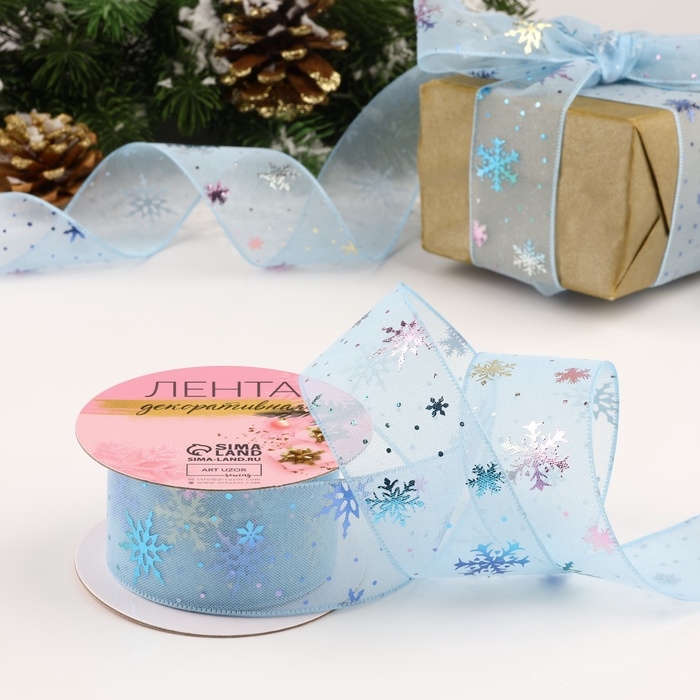 Лента капроновая &laquo;Снежинки&raquo;, 40 мм, 9 &plusmn; 0,5 м, цвет голубой