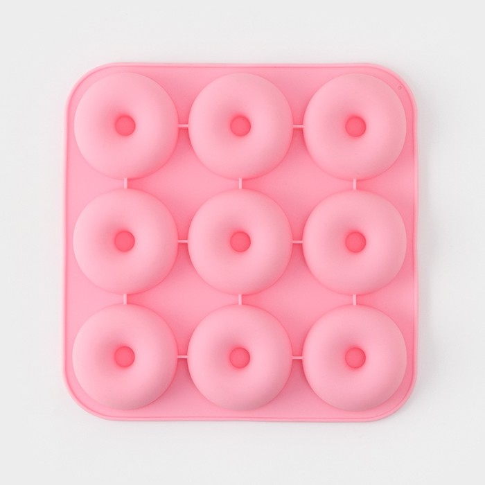 Форма для выпечки Доляна &laquo;Сладости. Пончик&raquo;, силикон, 28,5х28,5х3 см, 9 ячеек (d=8 см), цвет розовый