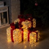 Светодиодная фигура &laquo;Серебристые подарки с красной лентой&raquo; 15, 20, 25 см, текстиль, металл, 220 В, свечение тёплое белое