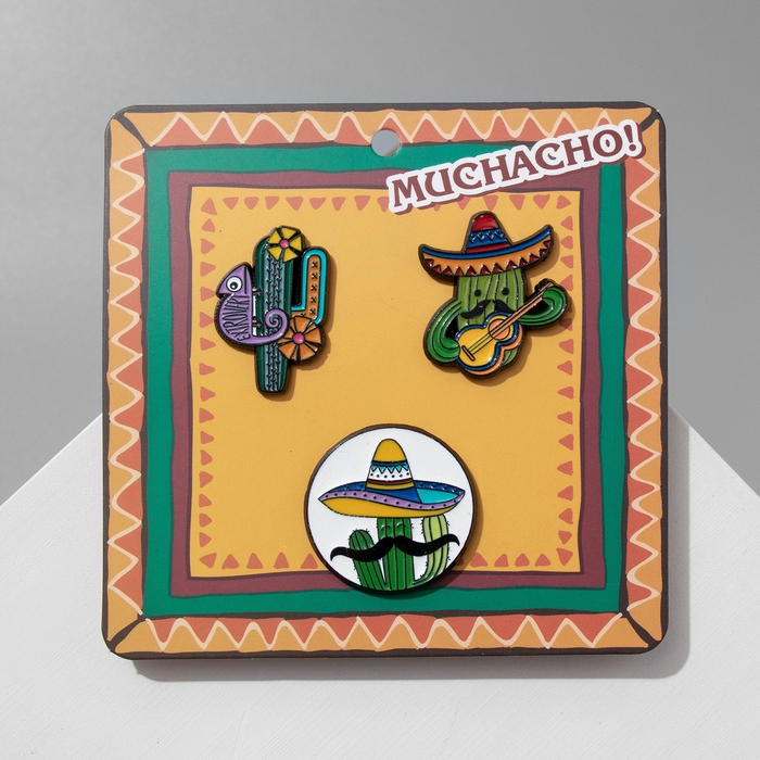 Набор значков (3шт) Набор значков (3шт) "Кактусы", цветные в чёрном металле