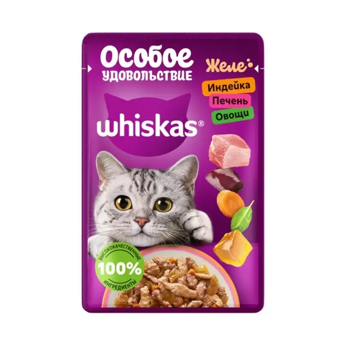 Влажный корм Whiskas для кошек, желе индейка/печень/овощи, 75г