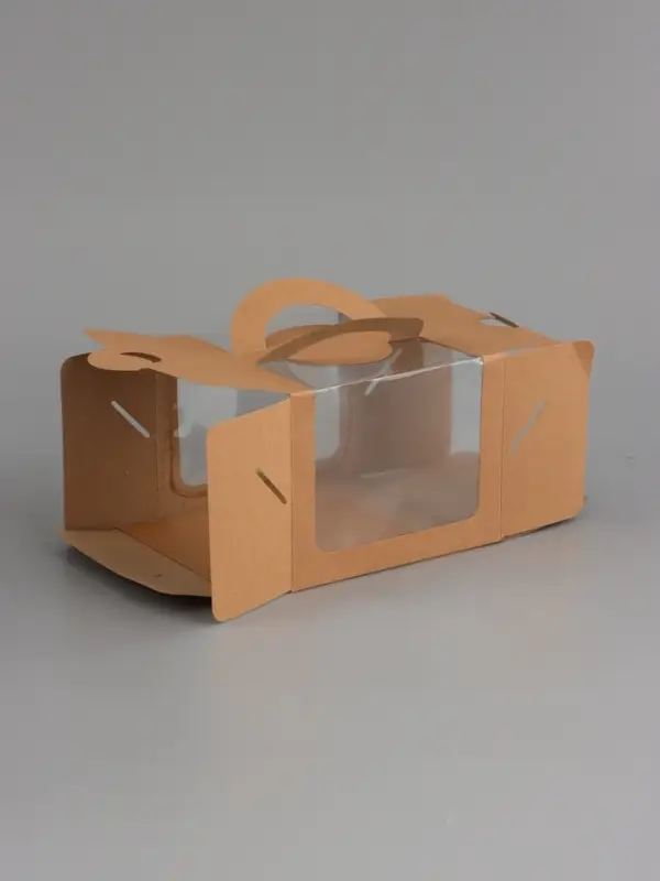 Коробка под бенто-торт с окном, КРАФТ 16 х 16 х 12,5 см