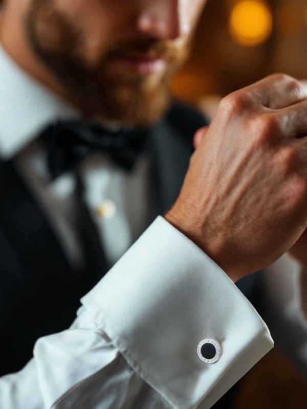 Запонки стальные &laquo;Классика&raquo; круг с эмалью, окантовка с орнаментом, цвет чёрный серебре