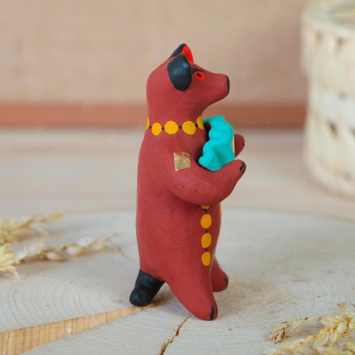 Дымковская игрушка "Медведь с цветком, с петухом, с гармонью", 11 см,  микс