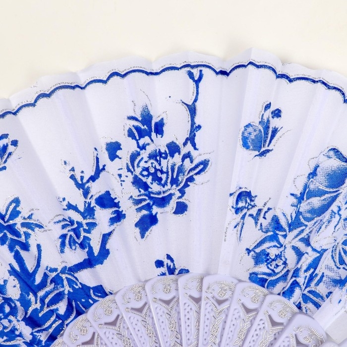 Веер пластик, текстиль "Синий рисунок на белом" МИКС 23 см