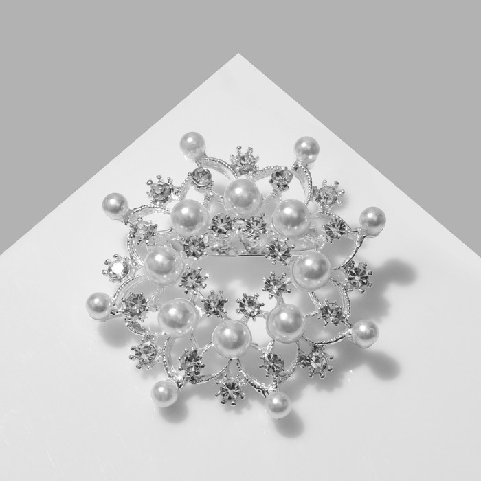 Брошь "Снежинка" жемчужная, цвет белый в серебре