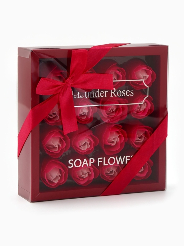 Набор мыльных роз в коробке 16 штук, розово-белые