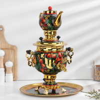 Набор &laquo;Хохлома&raquo;, овал, 3 предмета, самовар 3 л, заварочный чайник 0,7 л, поднос