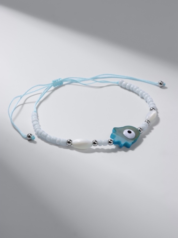 Браслет-оберег «Глазик» на нити, рука счастья Хамса, голубой в серебре Браслет-оберег «Глазик» на нити, рука счастья Хамса, голубой в серебре