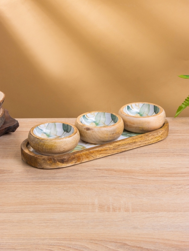 Набор розеток на подносе "Листья" (3 шт) дерево манго 33,5х13х6,5 см