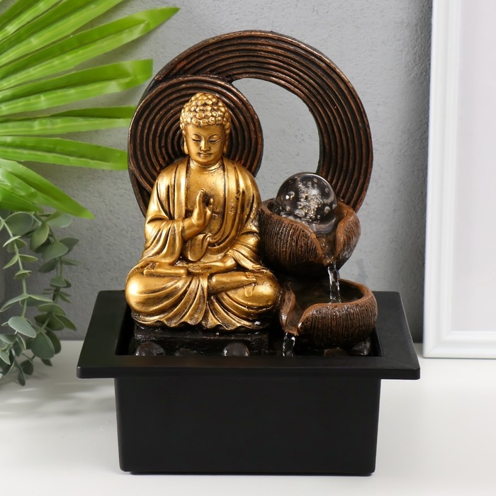 Фонтан настольный от сети, подсветка Фонтан настольный от сети, подсветка "Золотой Будда у фонтана с кольцами" 21х17,5х26 см