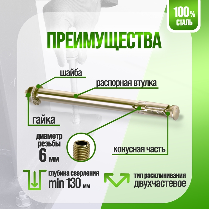 Анкерный болт ЛОМ, с гайкой, оцинкованный, 8х120 мм, 110 шт