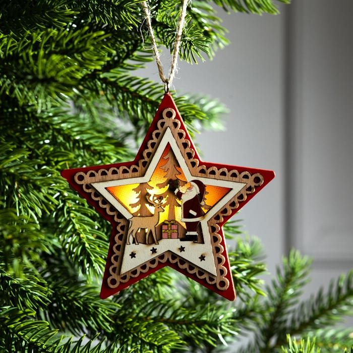 Ёлочная игрушка &laquo;Красная звезда с Дедом Морозом&raquo;, от батареек, свечение тёплое белое
