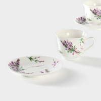 Сервиз фарфоровый чайный Доляна &laquo;Лаванда&raquo;, 4 предмета: 2 чашки 220 мл, 2 блюдца d=14,2 см, цвет белый