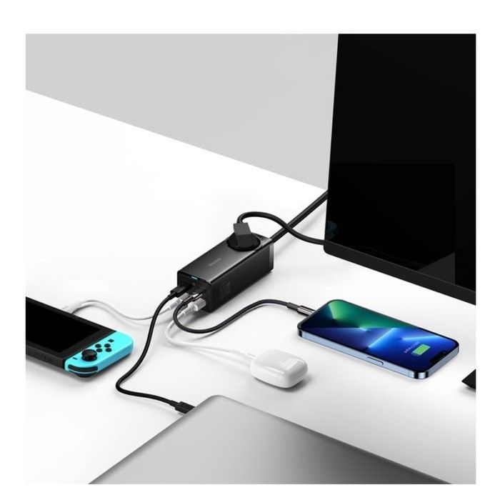 Зарядная станция Baseus PowerCombo, GAC+2U+2C 65W + Type-C-Type-C, PD, 65W, 1 м, чёрная