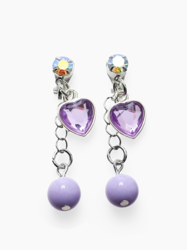 Серьги-клипсы детские "Выбражулька" сердце на цепочке с кругом кристалл, цвет сиренево-радужный