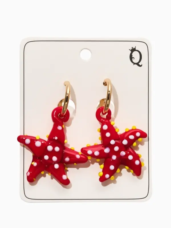 Серьги из стекла "Море", звезда, цвет красный в золоте