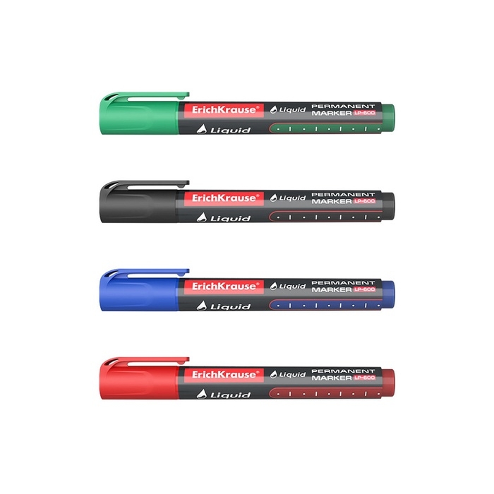 Набор маркеров перманентных ErichKrause Liquid LP-600, 4 штуки, 2.25 мм, чернила жидкие на спиртовой основе, чёрный, синий, красный, зелёный Набор маркеров перманентных ErichKrause Liquid LP-600, 4 штуки, 2.25 мм, чернила жидкие на спиртовой основе, чёрный, синий, красный, зелёный