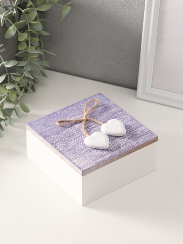 Шкатулка для украшений &laquo;Сердечки белые на сиреневом квадрате&raquo;, дерево, 12&times;12&times;5.3 см