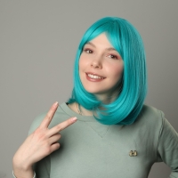 Парик искусственный, с чёлкой, имитация кожи, 30 см, цвет бирюзовый(#SHT127)