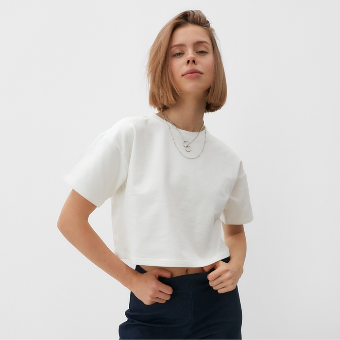 Футболка укороченная женская MINAKU OVERSIZE FIT: цвет экрю, р-р 50 Футболка укороченная женская MINAKU OVERSIZE FIT: цвет экрю, р-р 50