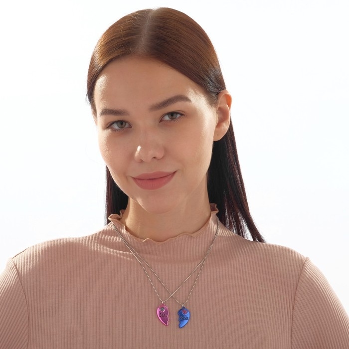 Кулоны &laquo;Неразлучники&raquo; яркие сердечки, цвет розово-синий в серебре, 45 см