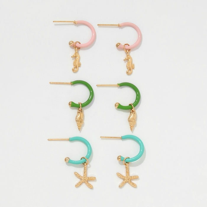 Набор серьги 3 пары &laquo;Сердце&raquo; моря, цветной в золоте