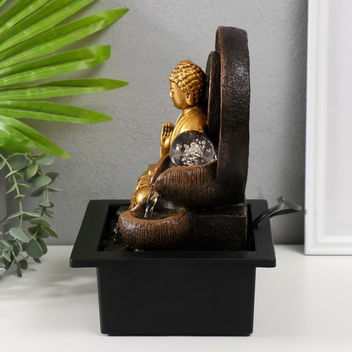 Фонтан настольный от сети, подсветка Фонтан настольный от сети, подсветка "Золотой Будда у фонтана с кольцами" 21х17,5х26 см