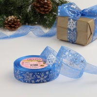 Новый год! Лента капроновая с тиснением &laquo;Фигурные снежинки&raquo;, 25 мм &times; 23 &plusmn; 1 м, цвет синий/серебряный