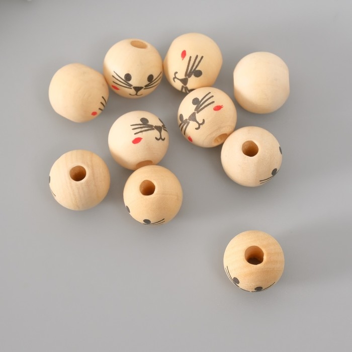 Бусины для творчества дерево "Мордочка котика" набор 10 шт d=1,6 см