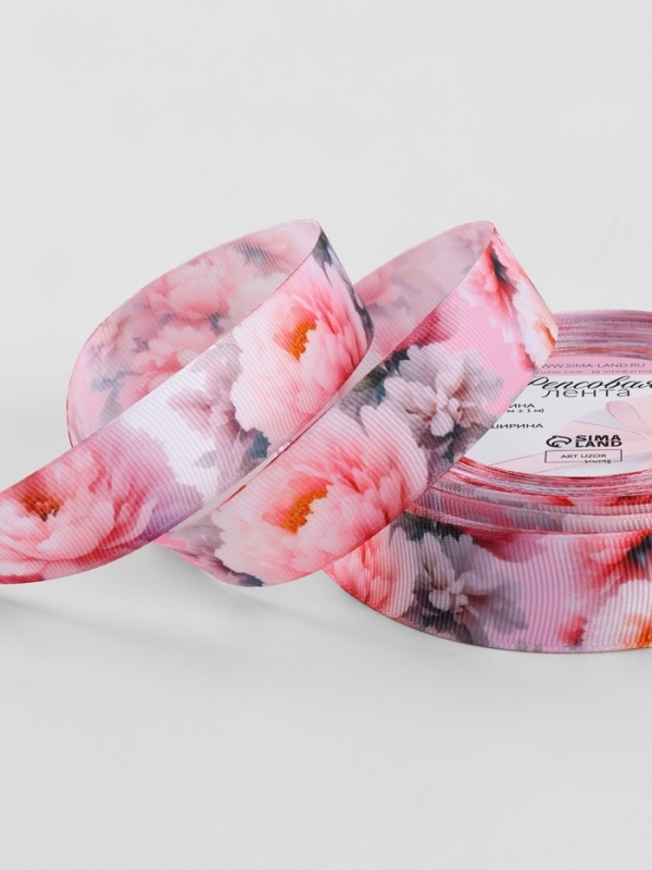 Лента репсовая 25мм*25&plusmn;1ярд(23м&plusmn;1м) розовые пионы АУ