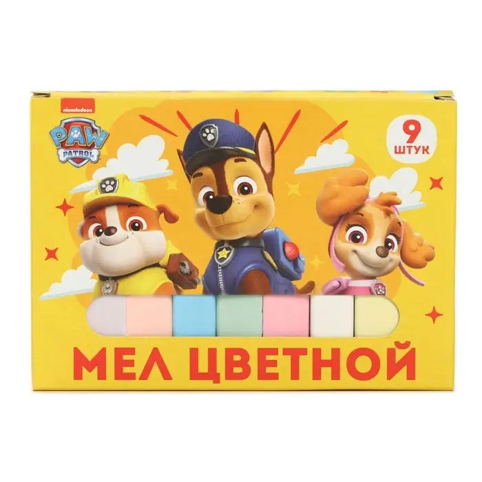 Мелки цветные школьные, набор 9 шт. &laquo;Щенячий патруль&raquo;, прямоугольные