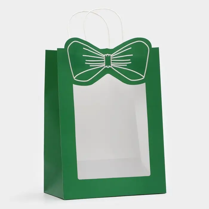 Пакет подарочный бумажный с окном &laquo;Бант&raquo;, 26&times;35&times;15 см, крафт зеленый