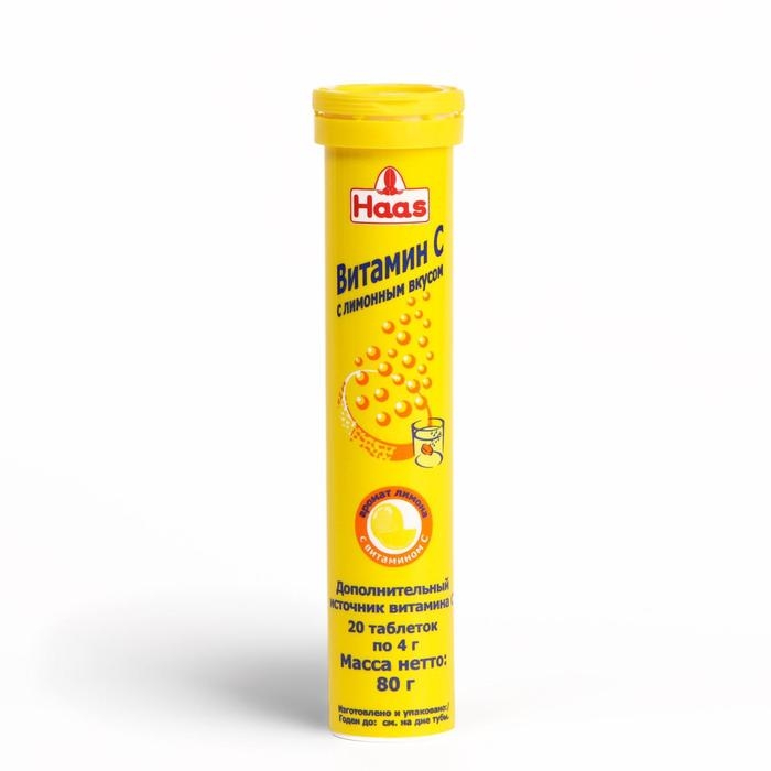 Витамин С Haas с лимонным вкусом, 20 шипучих таблеток по 4 г Витамин С Haas с лимонным вкусом, 20 шипучих таблеток по 4 г