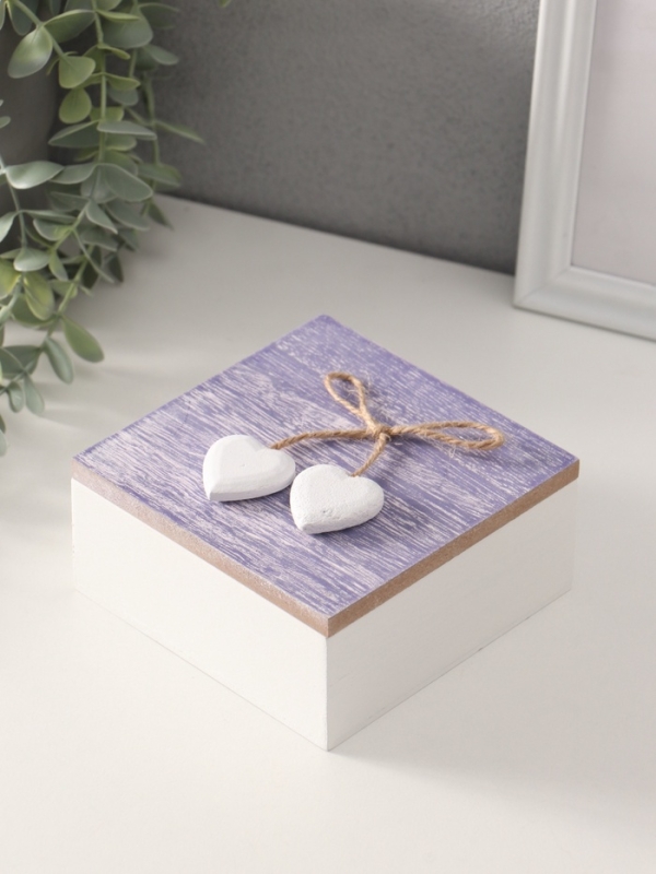 Шкатулка для украшений &laquo;Сердечки белые на сиреневом квадрате&raquo;, дерево, 12&times;12&times;5.3 см