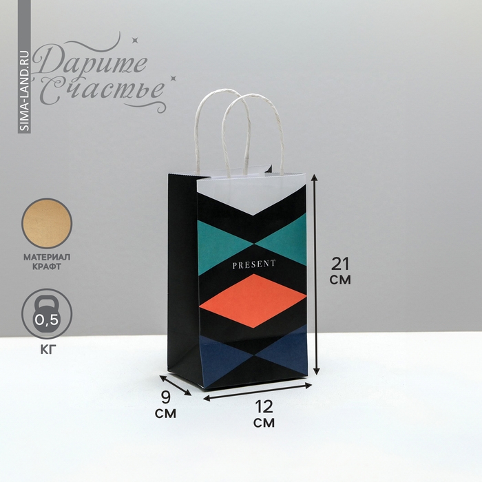 Пакет подарочный крафтовый, упаковка, &laquo;Present&raquo;, 12 х 21 х 9 см