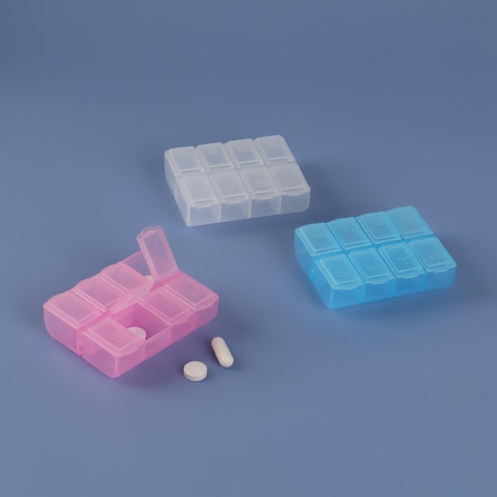 Таблетница, английские буквы, 7,4 × 6,2 × 2,1 см, 8 секций, цвет МИКС Таблетница, английские буквы, 7,4 × 6,2 × 2,1 см, 8 секций, цвет МИКС