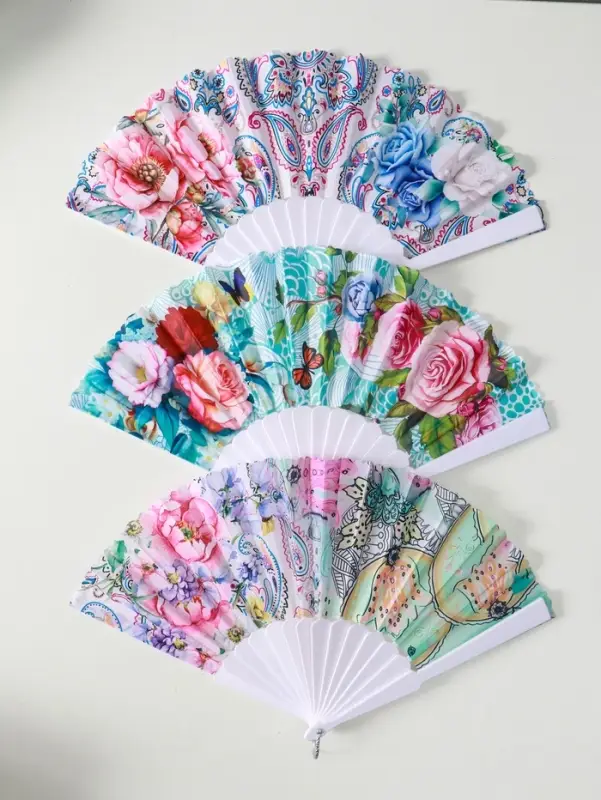 Веер пластик, текстиль "Цветы и узоры" МИКС широкие лопасти, золото 23 см