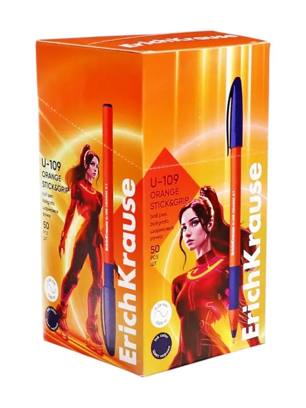 Ручка шариковая ErichKrause U-109 Orange Stick&Grip, игольчатый узел 1.0 мм, чернила синие, резиновый держатель, супермягкое письмо
