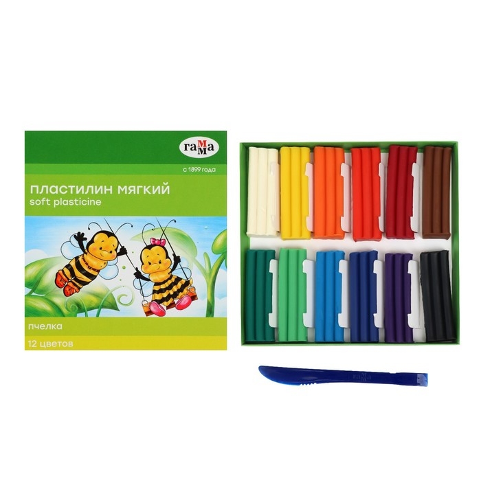 Пластилин мягкий (восковой), 12 цветов, 180 г, Гамма Пластилин мягкий (восковой), 12 цветов, 180 г, Гамма "Пчелка", со стеком