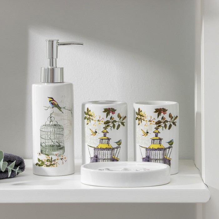 Набор аксессуаров для ванной комнаты &laquo;Клетка&raquo;, 4 предмета (дозатор 300 мл, мылница, 2 стакана), цвет белый